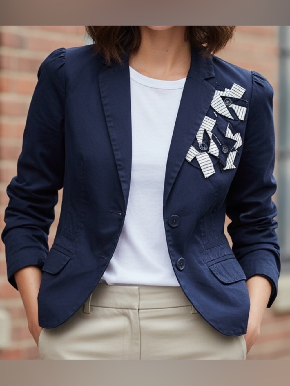 Loft Women's Navy Tailored Blazer with Decorative Bow Accents